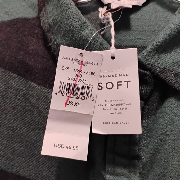 NWT American Eagle Green Black Plaid Peplum Oversized Flannel Shirt Size XS - Picture 8 of 8